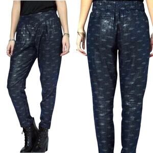 FREE PEOPLE Ikat Linen Blend Pull On Pants Sz XS Metallic Navy Blue